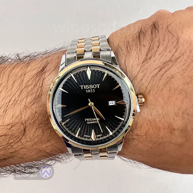 نمای جانبی ساعت Tissot Presage مردانه بند دورنگ صفحه مشکی