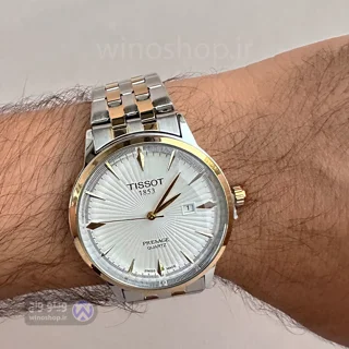 نمای جانبی ساعت Tissot Presage مردانه بند دورنگ نقره‌ای و طلایی صفحه سفید