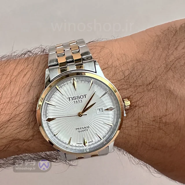 نمای جانبی ساعت Tissot Presage مردانه بند دورنگ نقرهای و طلایی صفحه سفید