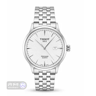 ساعت مچی مردانه تیسوت پرساژ Tissot Presage بند استیل نقره‌ای صفحه سفید نمای روبرو